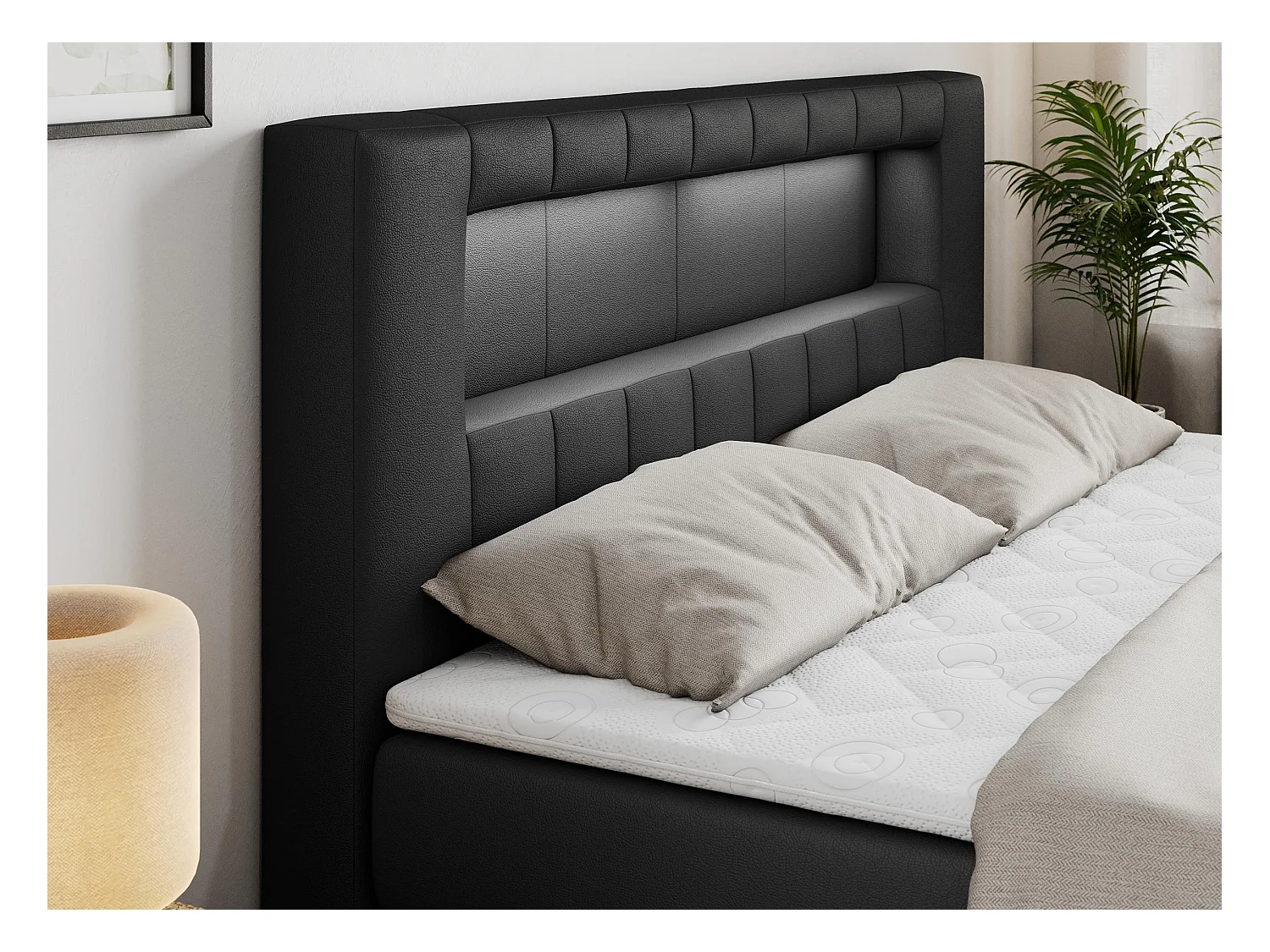 Boxspringbett GOLD 5 KING mit Stauraum, zwei Bettkästen, LED-Beleuchtung, Multipocket-Matratze - 120x200 cm - H3 - Schwarz Kunstleder