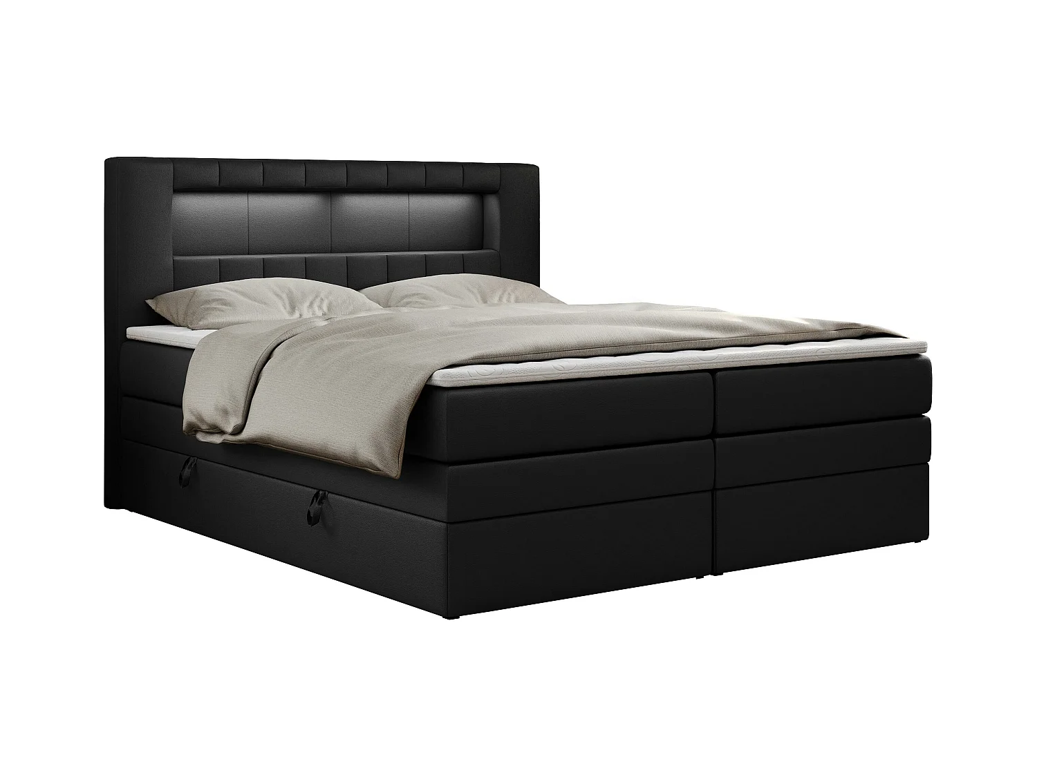 Boxspringbett GOLD 5 KING mit Stauraum, zwei Bettkästen, LED-Beleuchtung, Multipocket-Matratze - 120x200 cm - H3 - Schwarz Kunstleder