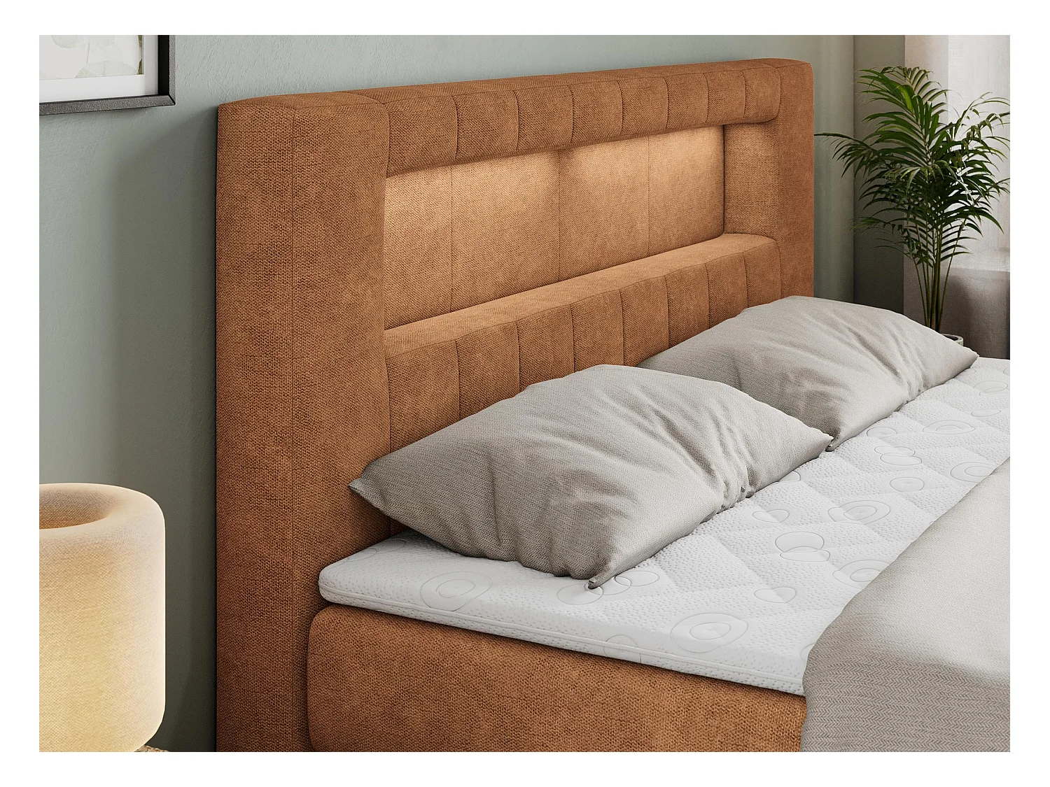 Boxspringbett GOLD 5 KING mit Stauraum, zwei Bettkästen, LED-Beleuchtung, Multipocket-Matratze - 180x200 cm - H3 - Orange Strukture