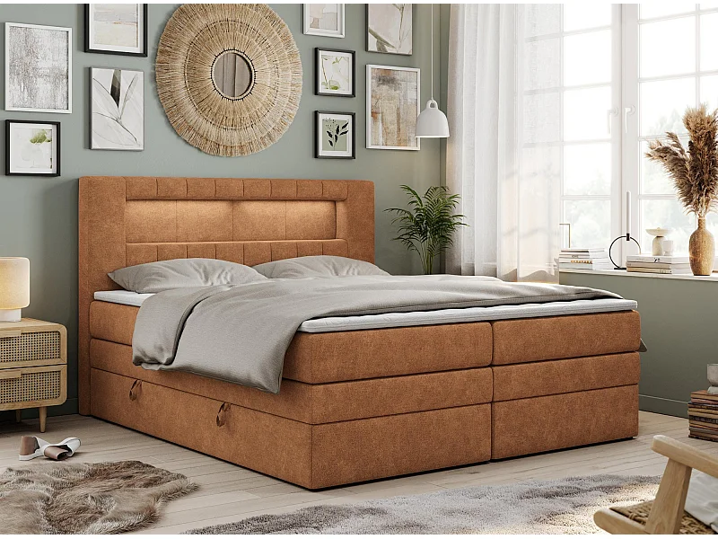 Boxspringbett GOLD 5 KING mit Stauraum, zwei Bettkästen, LED-Beleuchtung, Multipocket-Matratze - 140x200 cm - H3 - Orange Strukture