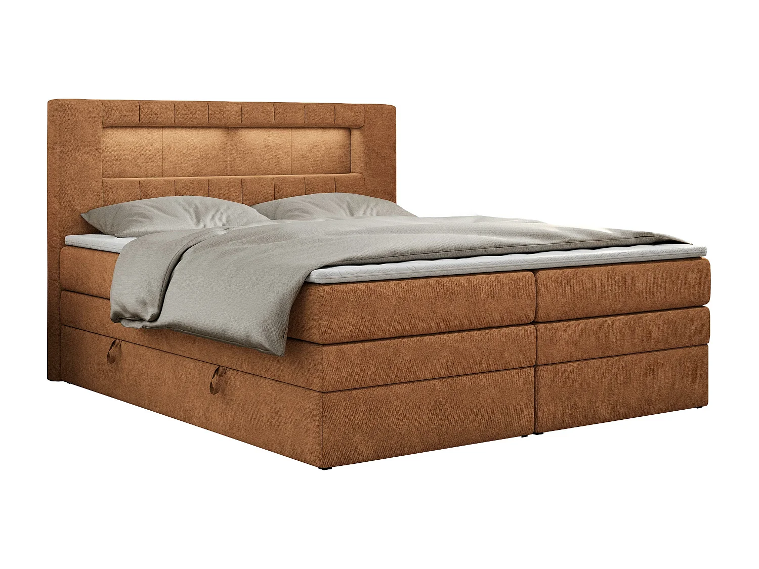 Boxspringbett GOLD 5 KING mit Stauraum, zwei Bettkästen, LED-Beleuchtung, Multipocket-Matratze - 140x200 cm - H3 - Orange Strukture