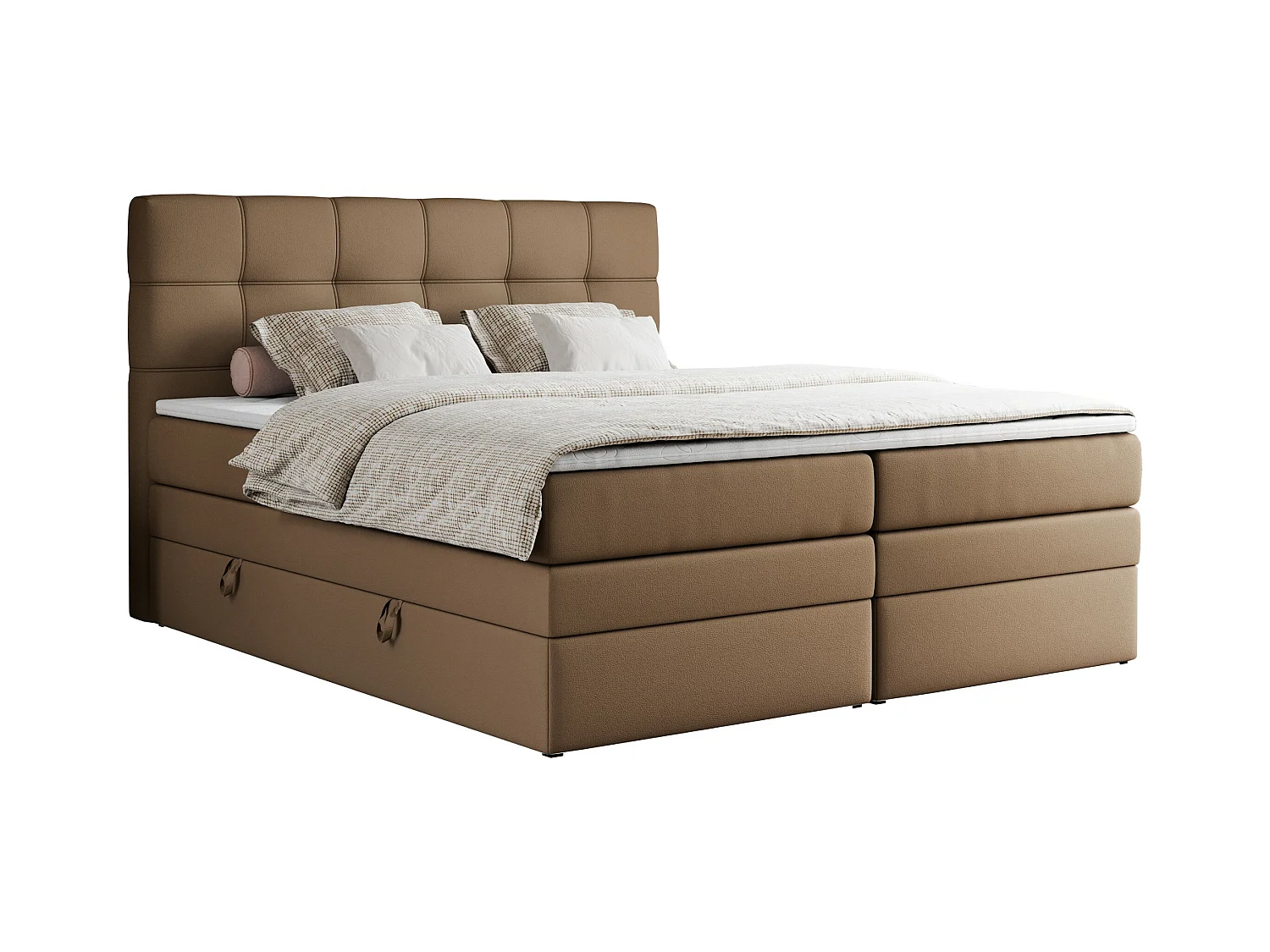Boxspringbett ERNI KING, gestepptes Kopfteil, zwei Multipocket-Matratze und Topper, mit Stauraum - 140x200 cm - H3 - Braun Kunstleder