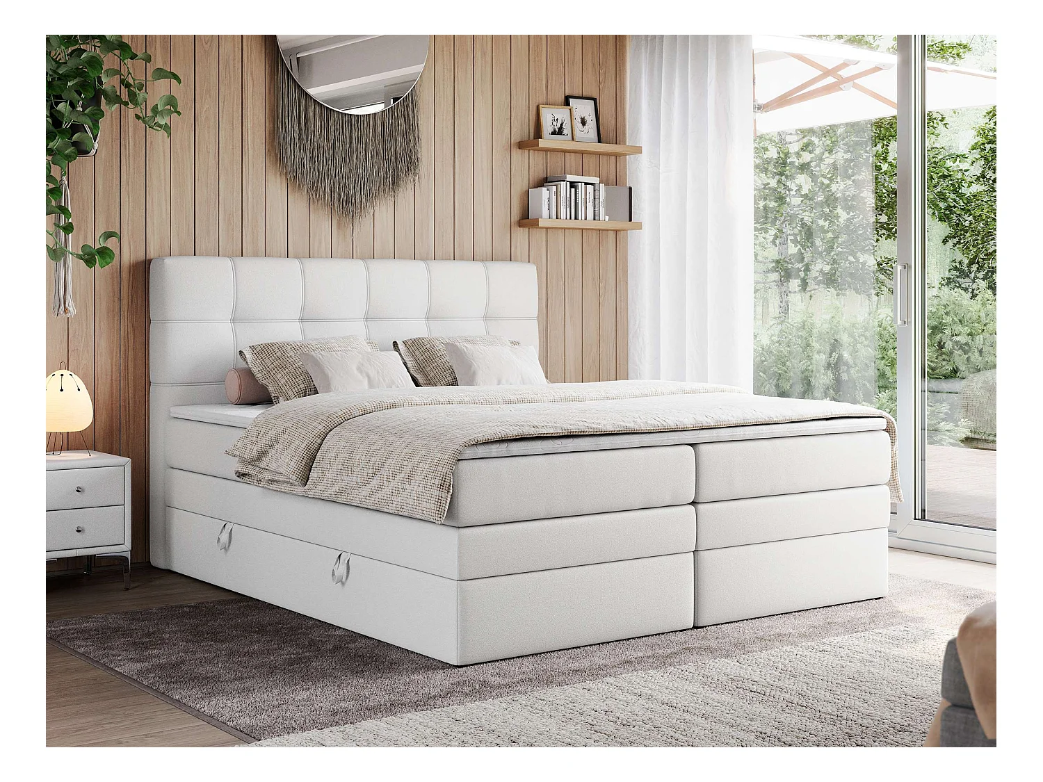 Boxspringbett ERNI KING, gestepptes Kopfteil, zwei Multipocket-Matratze und Topper, mit Stauraum - 180x200 cm - H3 - Weiß Kunstleder