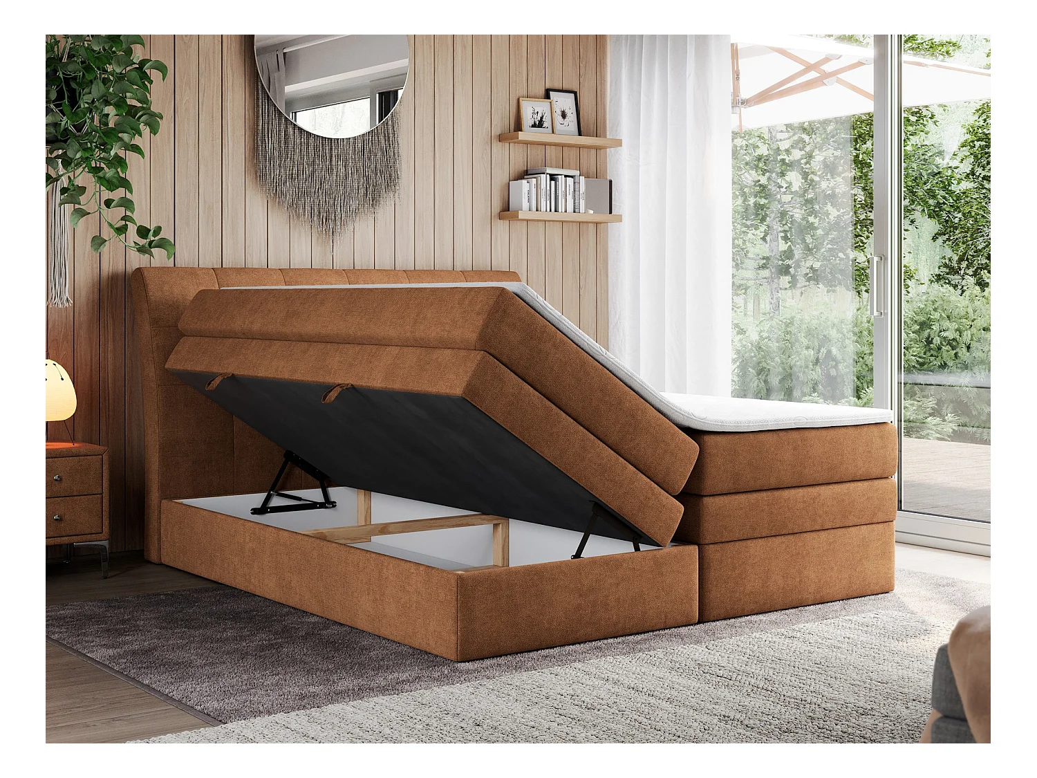 Boxspringbett GOLD 10 KING mit genähtes Kopfteil und Stauraum, zwei Multipocket-Matratze - 200x200 cm - H3 - Orange Strukture