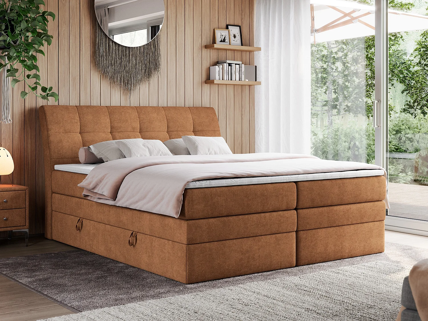 Boxspringbett GOLD 10 KING mit genähtes Kopfteil und Stauraum, zwei Multipocket-Matratze - 200x200 cm - H3 - Orange Strukture