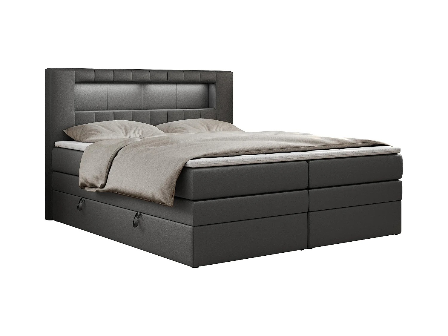 Boxspringbett GOLD 5 KING mit Stauraum, zwei Bettkästen, LED-Beleuchtung, Multipocket-Matratze - 140x200 cm - H3 - Dunkelgrau Kunstleder
