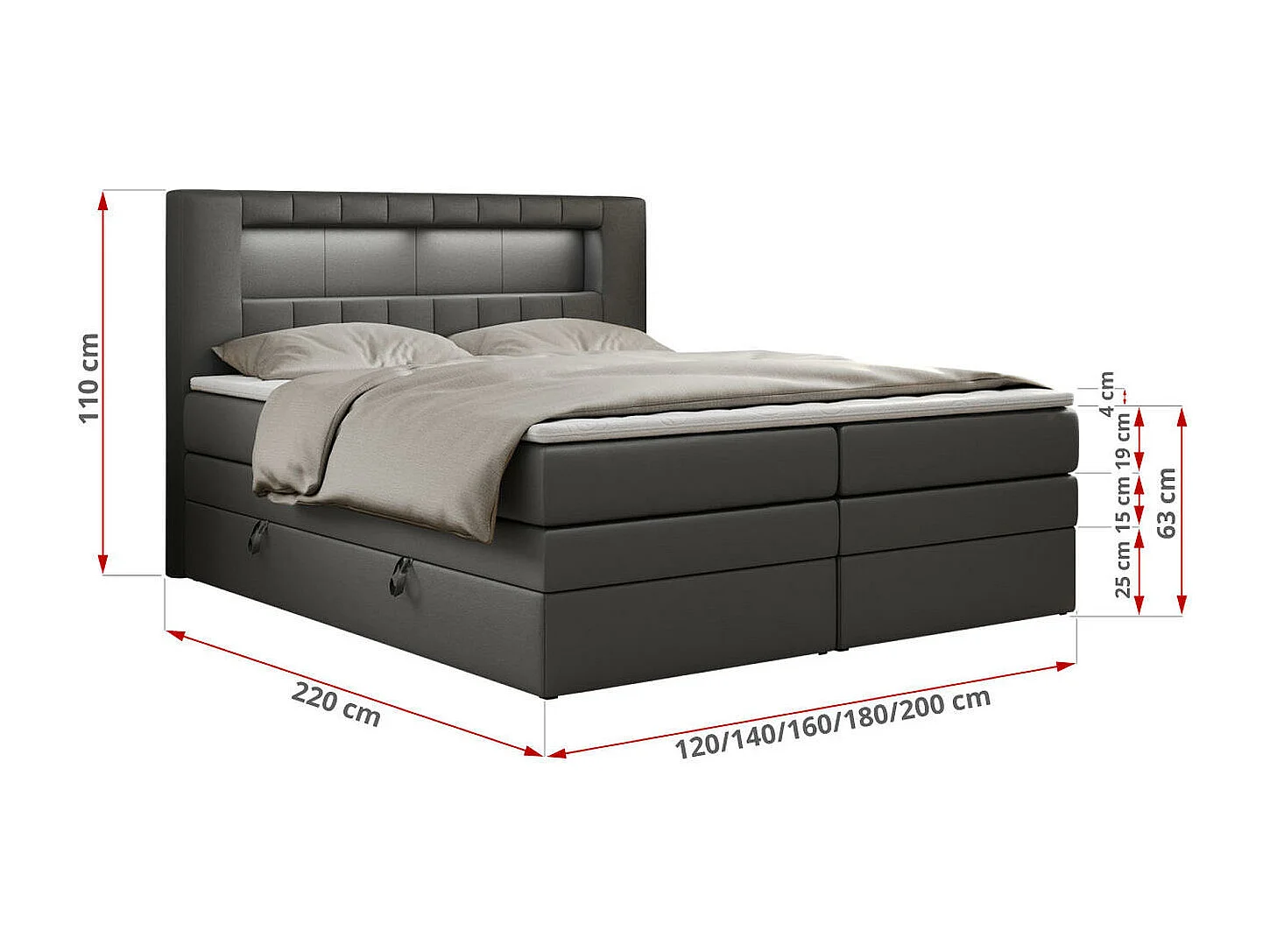 Boxspringbett GOLD 5 KING mit Stauraum, zwei Bettkästen, LED-Beleuchtung, Multipocket-Matratze - 140x200 cm - H3 - Dunkelgrau Kunstleder