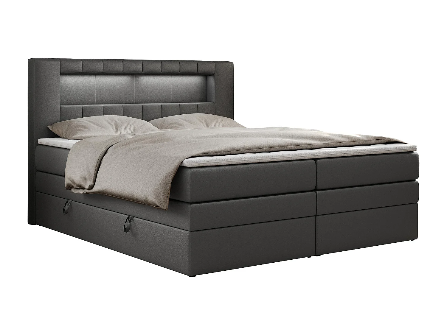Boxspringbett GOLD 5 KING mit Stauraum, zwei Bettkästen, LED-Beleuchtung, Multipocket-Matratze - 140x200 cm - H3 - Dunkelgrau Kunstleder