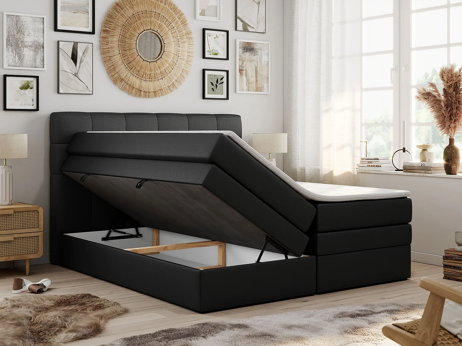 Boxspringbett LUKA KING, mit gestepptem Kopfteil, zwei Bettkästen, Multipocket-Matratze und Topper - 200x200 cm - H3 - Schwarz Kunstleder