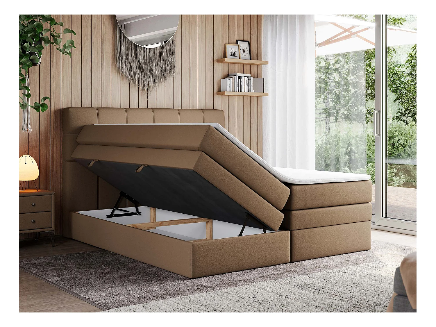 Boxspringbett ERNI KING, gestepptes Kopfteil, zwei Multipocket-Matratze und Topper, mit Stauraum - 200x200 cm - H3 - Braun Kunstleder