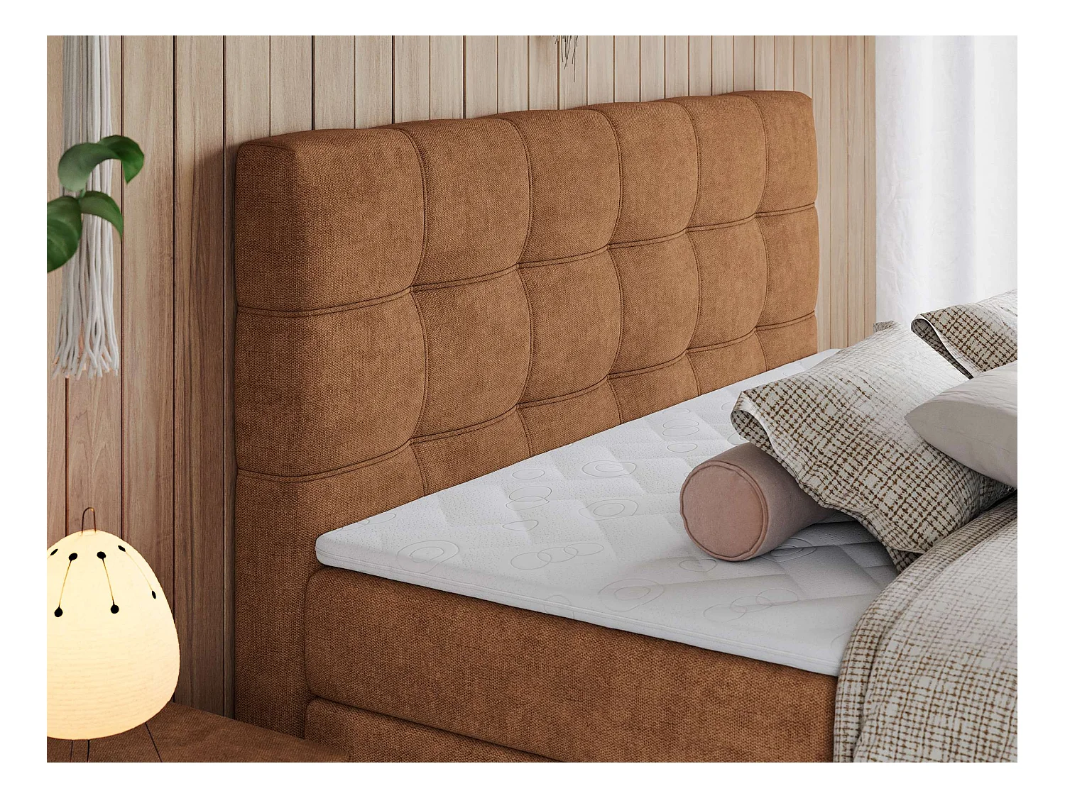 Boxspringbett ERNI KING, gestepptes Kopfteil, zwei Multipocket-Matratze und Topper, mit Stauraum - 180x200 cm - H3 - Orange Strukture