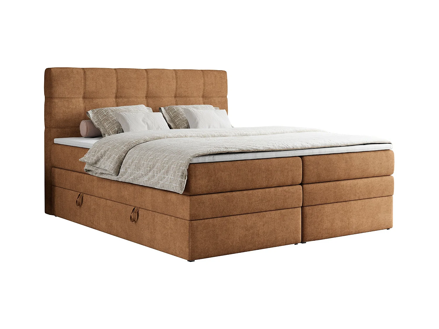 Boxspringbett ERNI KING, gestepptes Kopfteil, zwei Multipocket-Matratze und Topper, mit Stauraum - 180x200 cm - H3 - Orange Strukture