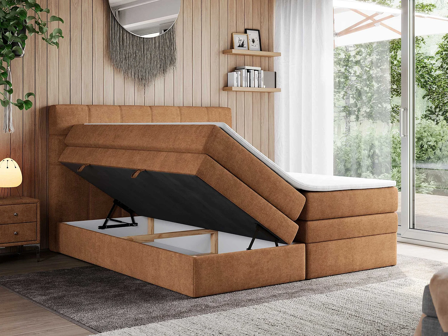 Boxspringbett ERNI KING, gestepptes Kopfteil, zwei Multipocket-Matratze und Topper, mit Stauraum - 180x200 cm - H3 - Orange Strukture