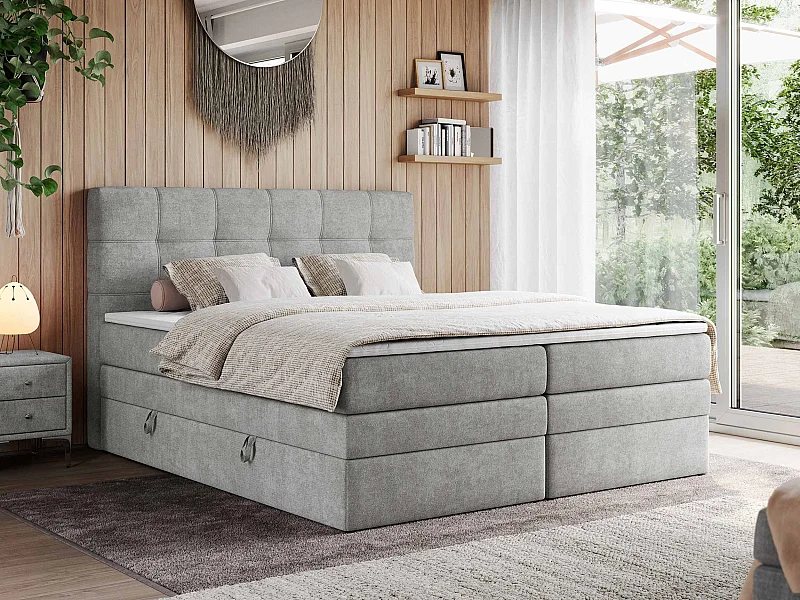 Boxspringbett ERNI KING, gestepptes Kopfteil, zwei Multipocket-Matratze und Topper, mit Stauraum - 120x200 cm - H4 - Hellgrau Strukture