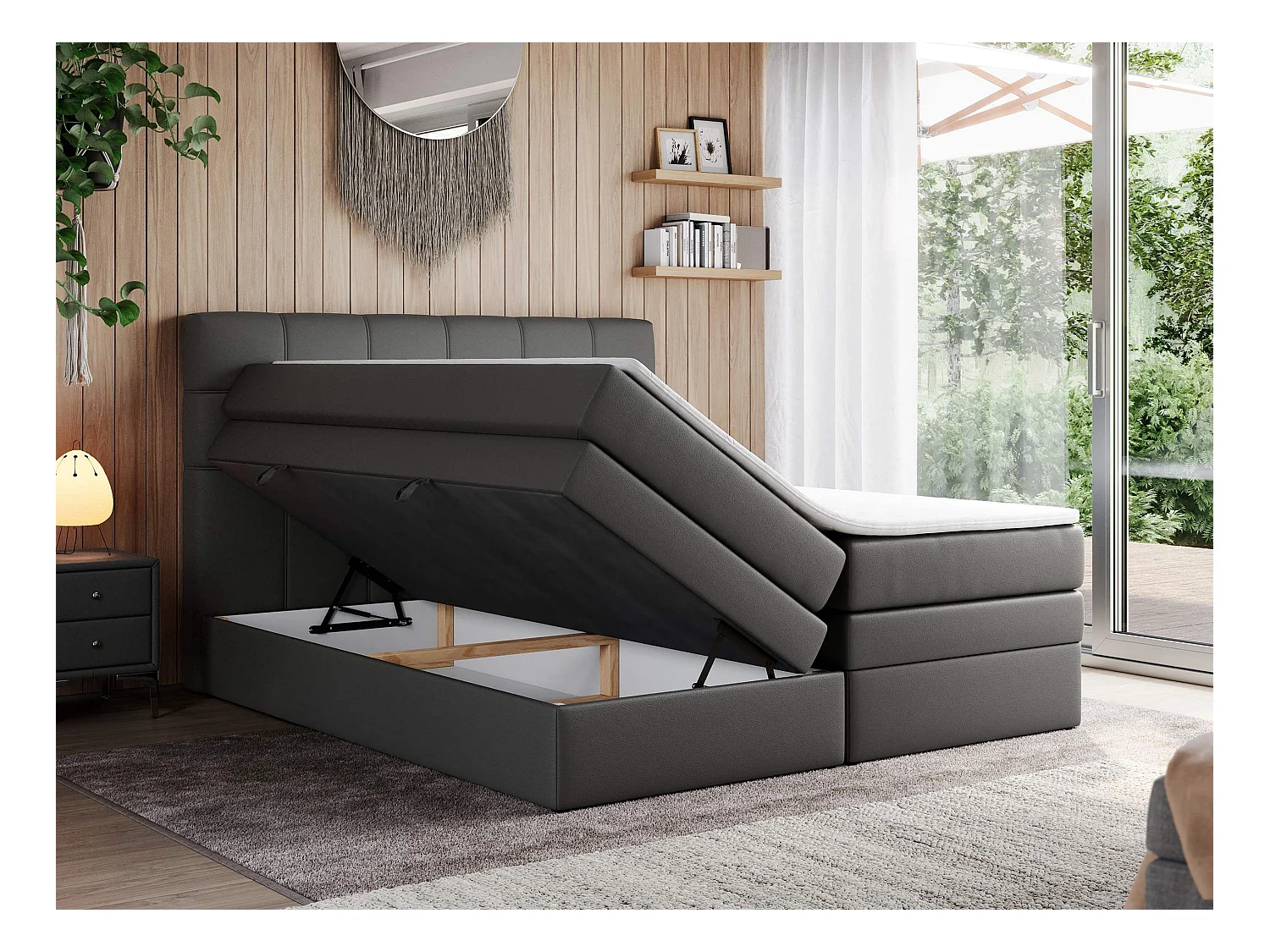 Boxspringbett ERNI KING, gestepptes Kopfteil, zwei Multipocket-Matratze und Topper, mit Stauraum - 120x200 cm - H3 - Dunkelgrau Kunstleder