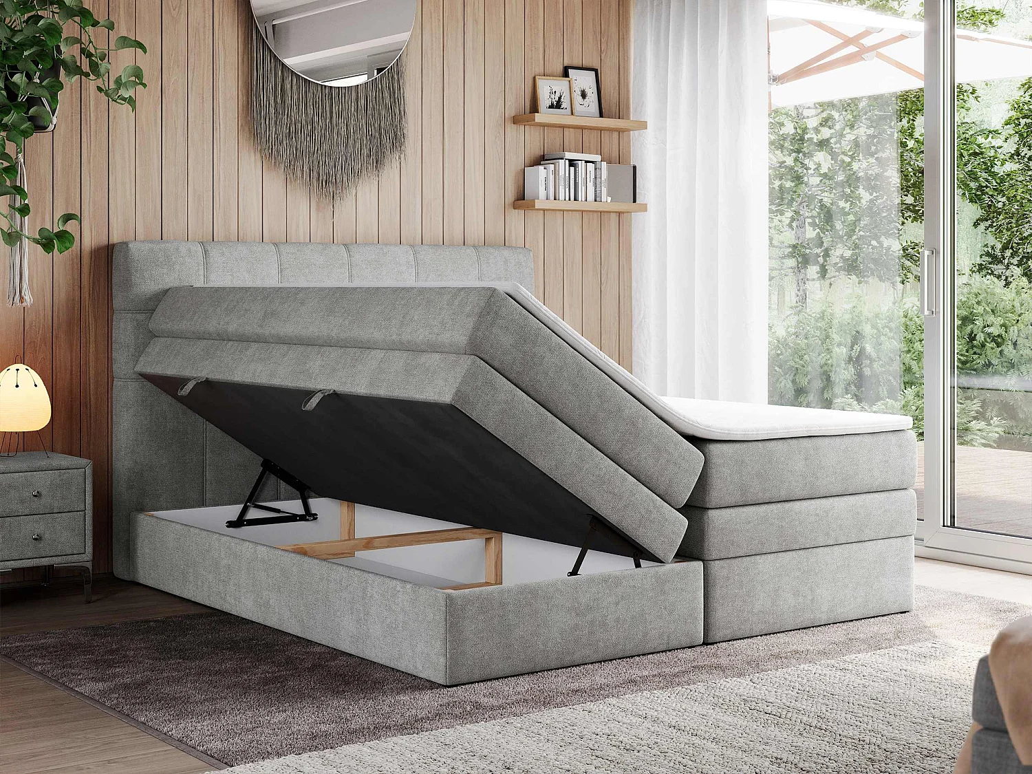 Boxspringbett ERNI KING, gestepptes Kopfteil, zwei Multipocket-Matratze und Topper, mit Stauraum - 160x200 cm - H4 - Hellgrau Strukture
