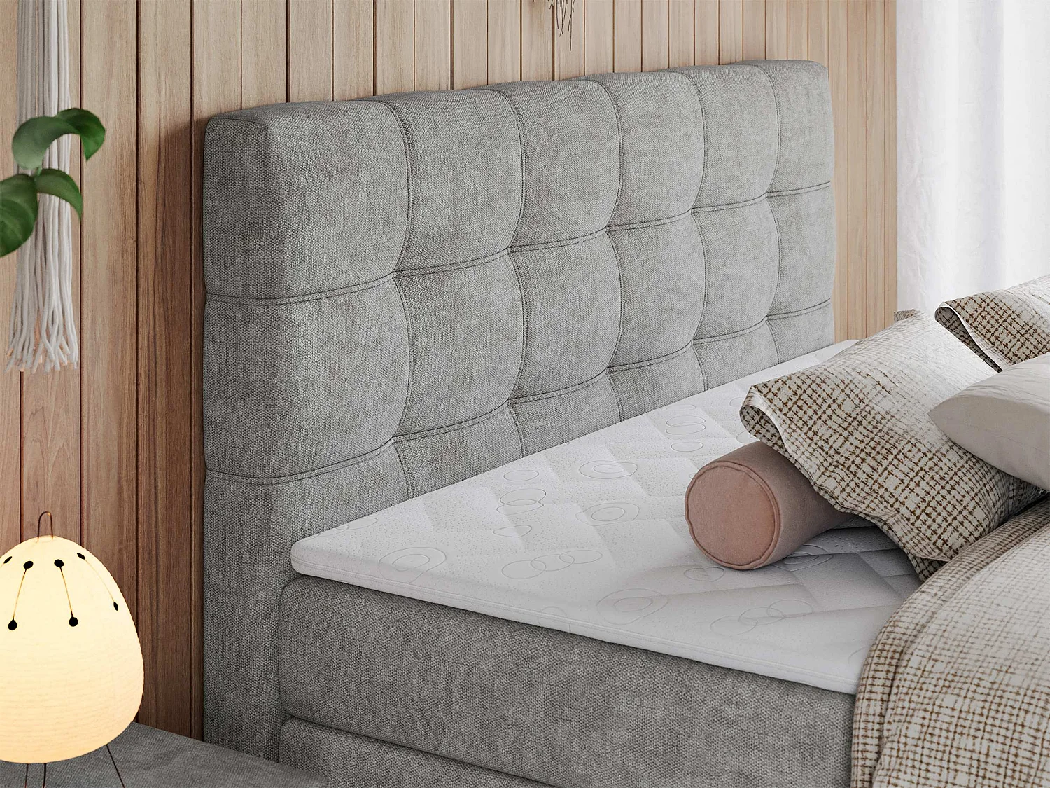 Boxspringbett ERNI KING, gestepptes Kopfteil, zwei Multipocket-Matratze und Topper, mit Stauraum - 160x200 cm - H4 - Hellgrau Strukture