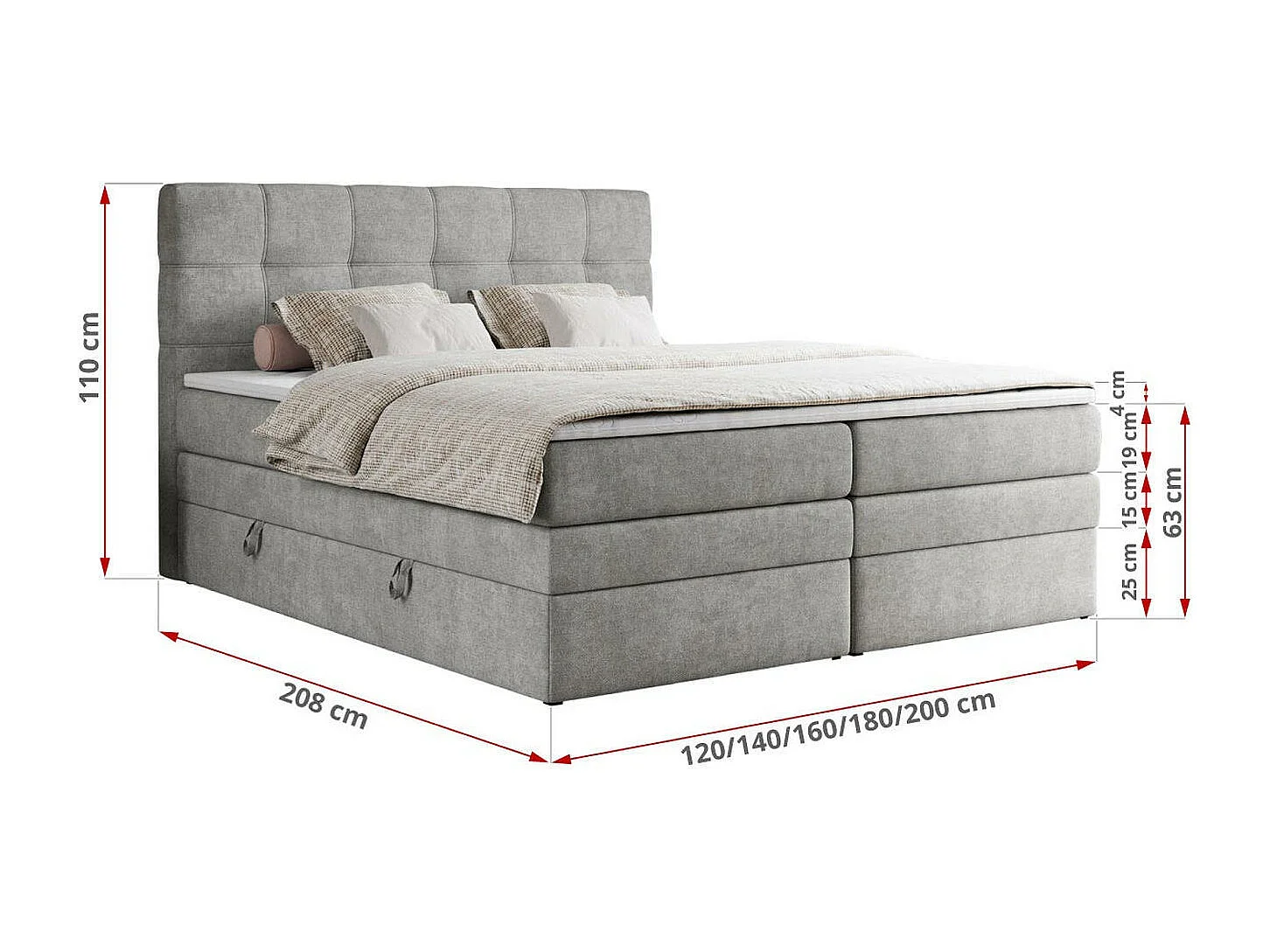 Boxspringbett ERNI KING, gestepptes Kopfteil, zwei Multipocket-Matratze und Topper, mit Stauraum - 160x200 cm - H4 - Hellgrau Strukture
