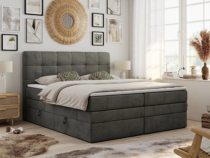 Boxspringbett LUKA KING, mit gestepptem Kopfteil, zwei Bettkästen, Multipocket-Matratze und Topper - 120x200 cm - H4 - Dunkelgrau Velvet