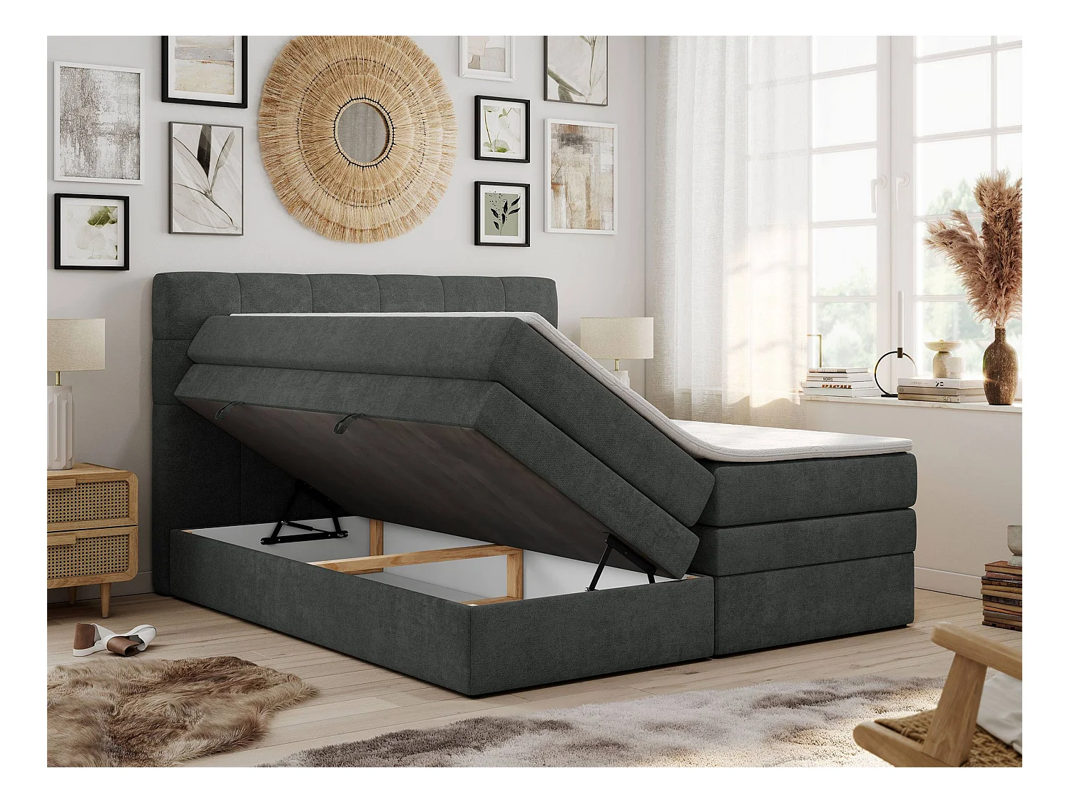 Boxspringbett LUKA KING, mit gestepptem Kopfteil, zwei Bettkästen, Multipocket-Matratze und Topper - 120x200 cm - H3 - Dunkelgrau Strukture
