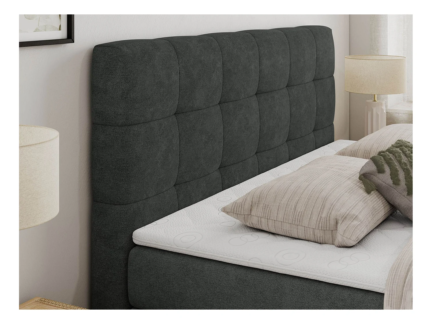 Boxspringbett LUKA KING, mit gestepptem Kopfteil, zwei Bettkästen, Multipocket-Matratze und Topper - 120x200 cm - H3 - Dunkelgrau Strukture