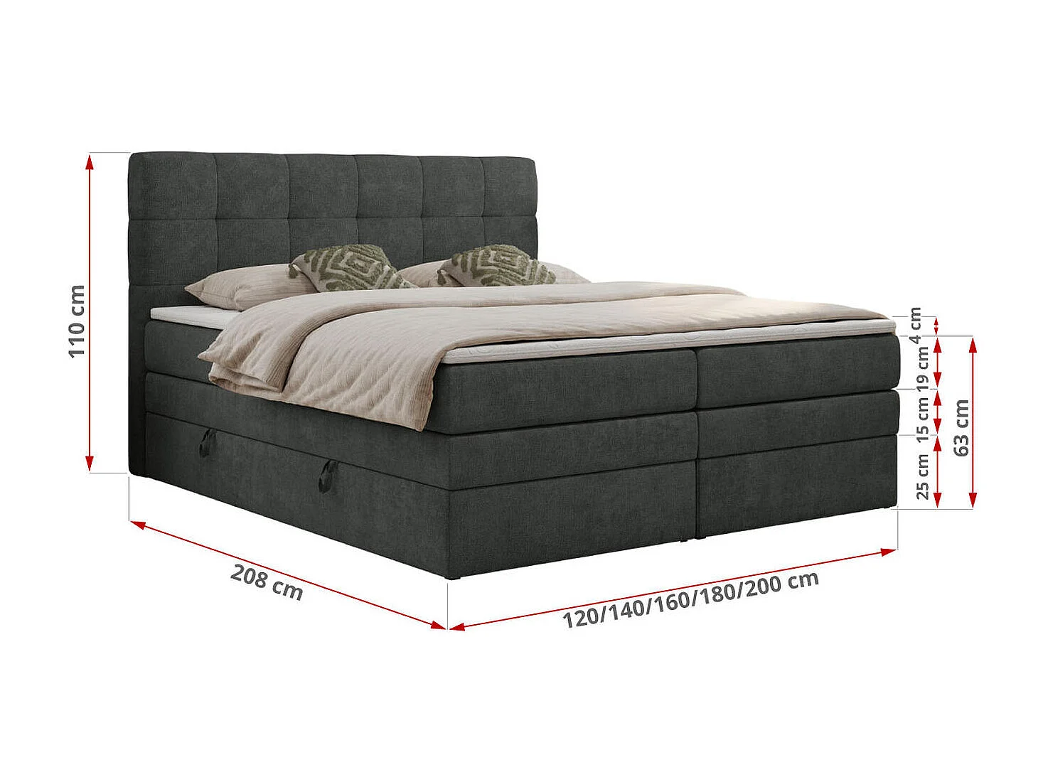 Boxspringbett LUKA KING, mit gestepptem Kopfteil, zwei Bettkästen, Multipocket-Matratze und Topper - 120x200 cm - H3 - Dunkelgrau Strukture
