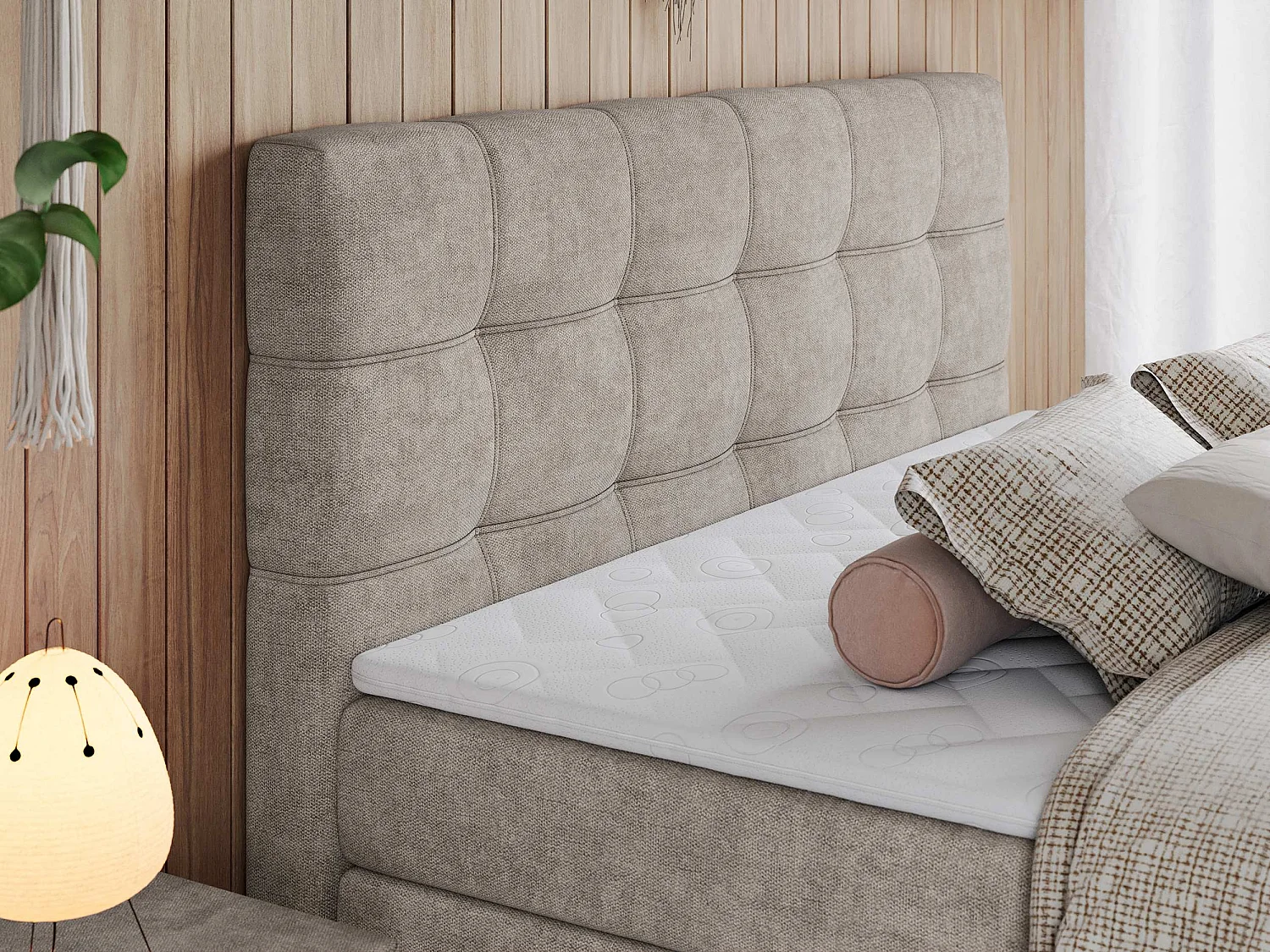 Boxspringbett ERNI KING, gestepptes Kopfteil, zwei Multipocket-Matratze und Topper, mit Stauraum - 120x200 cm - H3 - Beige Strukture