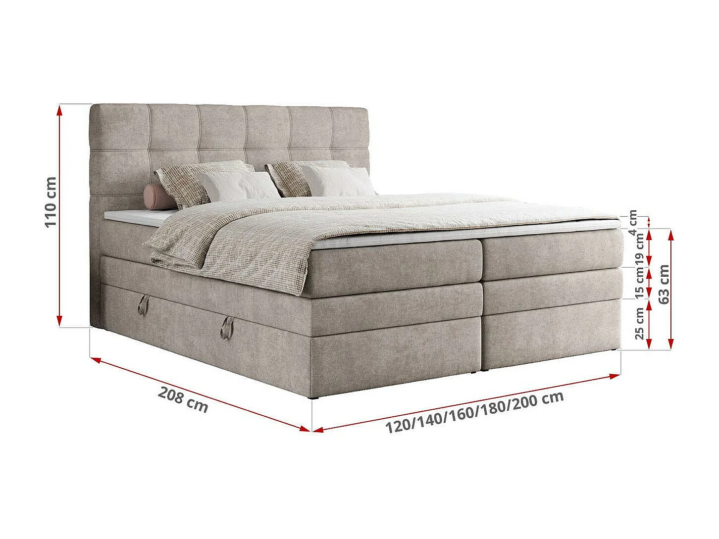Boxspringbett ERNI KING, gestepptes Kopfteil, zwei Multipocket-Matratze und Topper, mit Stauraum - 120x200 cm - H3 - Beige Strukture