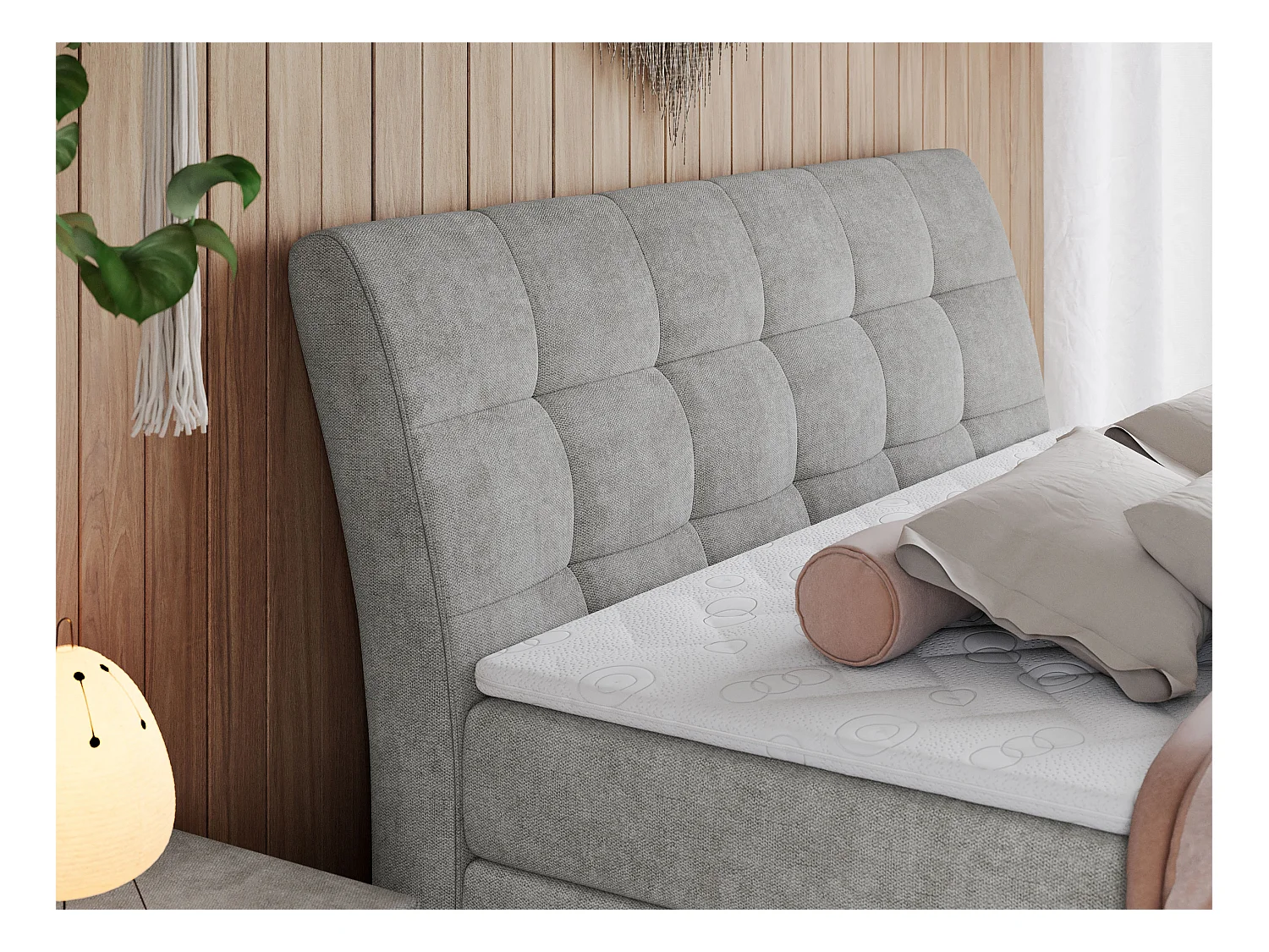 Boxspringbett GOLD 10 KING mit genähtes Kopfteil und Stauraum, zwei Multipocket-Matratze - 140x200 cm - H3 - Hellgrau Strukture