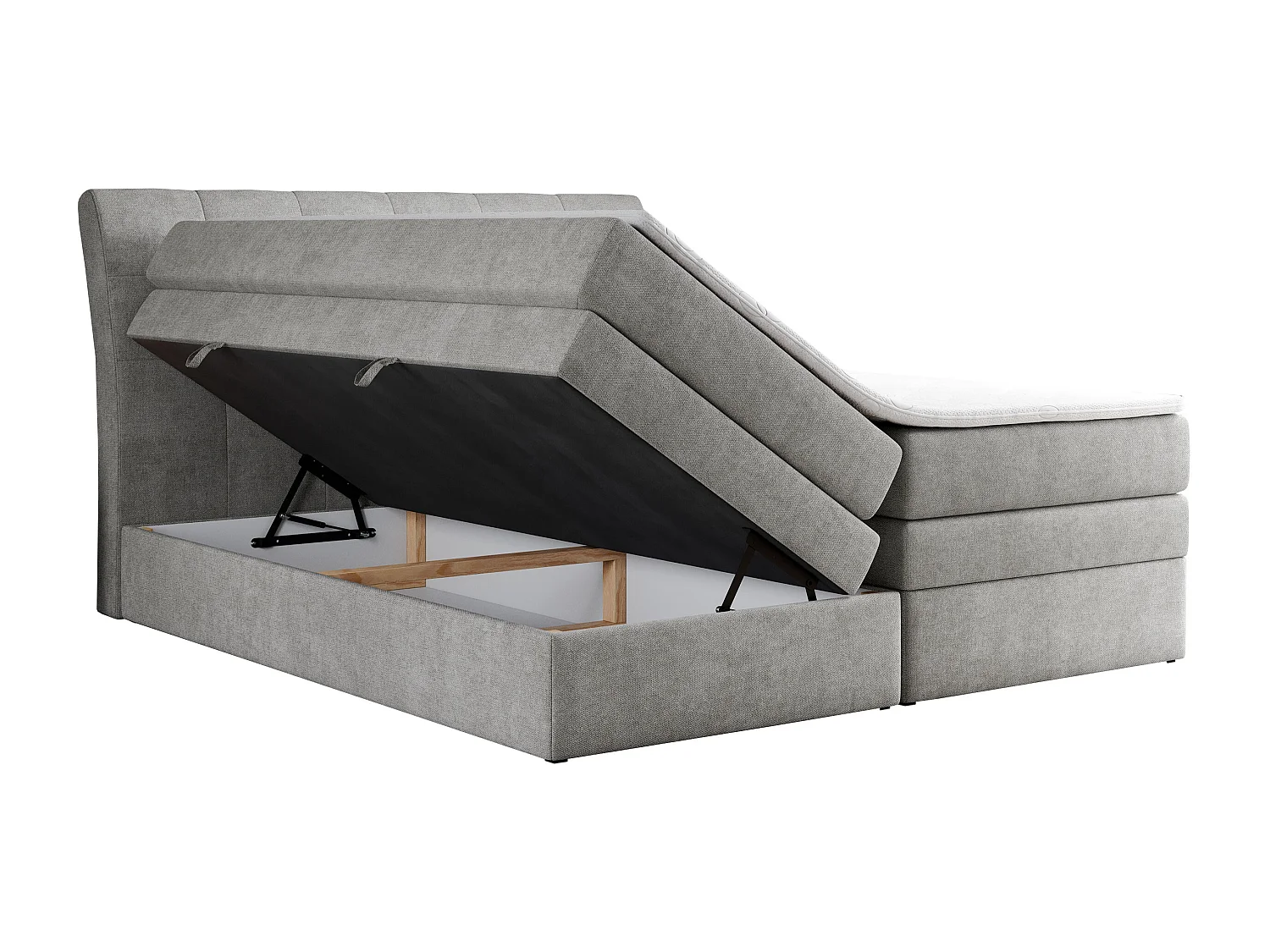 Boxspringbett GOLD 10 KING mit genähtes Kopfteil und Stauraum, zwei Multipocket-Matratze - 140x200 cm - H3 - Hellgrau Strukture