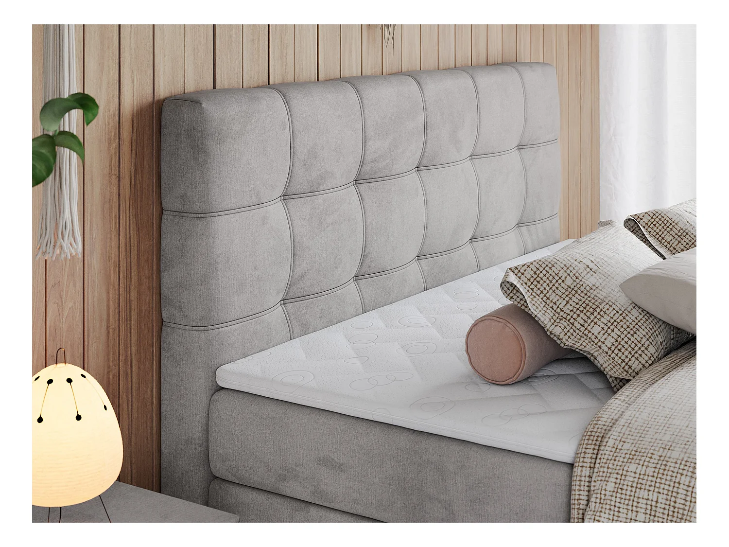 Boxspringbett ERNI KING, gestepptes Kopfteil, zwei Multipocket-Matratze und Topper, mit Stauraum - 160x200 cm - H3 - Hellgrau Velvet