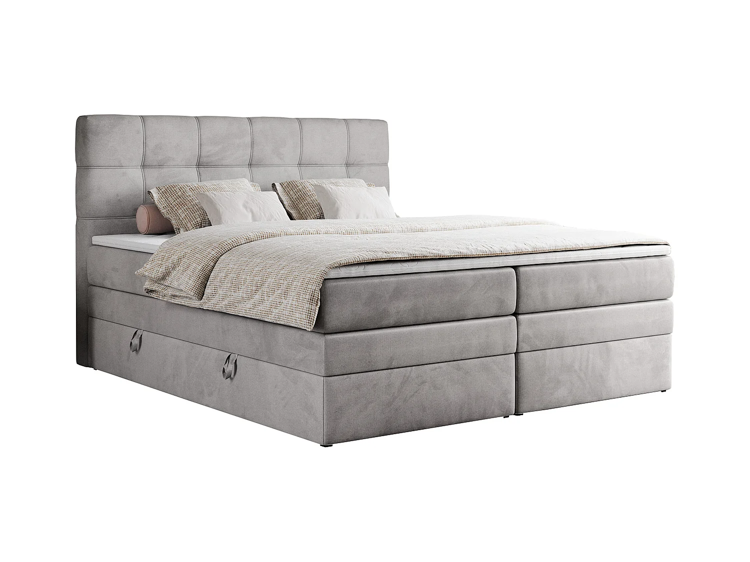 Boxspringbett ERNI KING, gestepptes Kopfteil, zwei Multipocket-Matratze und Topper, mit Stauraum - 160x200 cm - H3 - Hellgrau Velvet