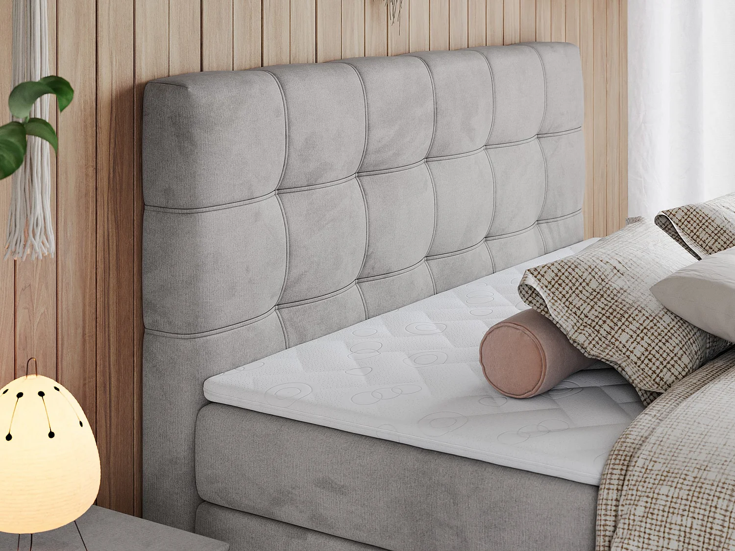 Boxspringbett ERNI KING, gestepptes Kopfteil, zwei Multipocket-Matratze und Topper, mit Stauraum - 160x200 cm - H3 - Hellgrau Velvet