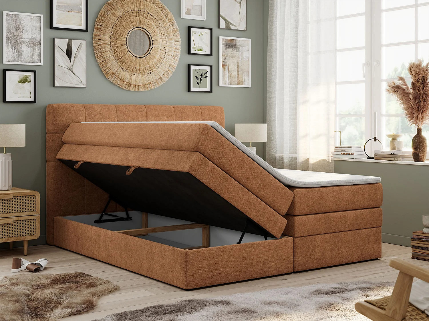 Boxspringbett LUKA KING, mit gestepptem Kopfteil, zwei Bettkästen, Multipocket-Matratze und Topper - 140x200 cm - H4 - Orange Strukture