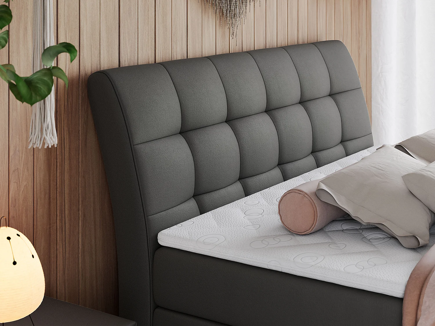 Boxspringbett GOLD 10 KING mit genähtes Kopfteil und Stauraum, zwei Multipocket-Matratze - 120x200 cm - H3 - Dunkelgrau Kunstleder