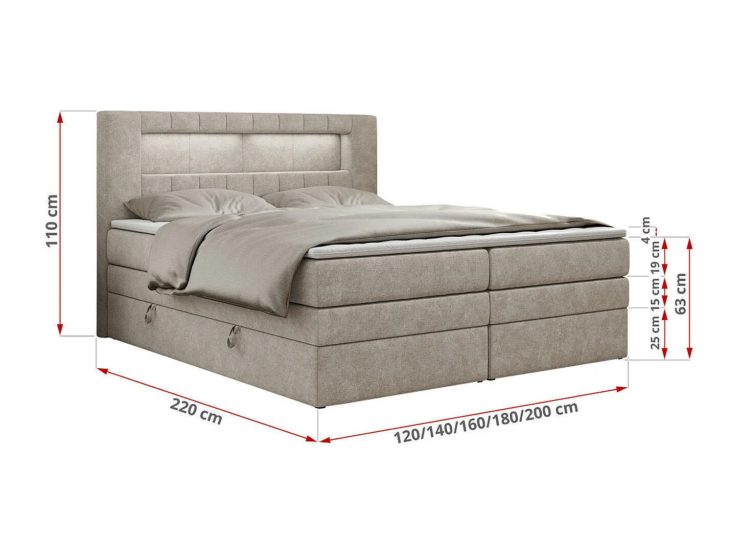 Boxspringbett GOLD 5 KING mit Stauraum, zwei Bettkästen, LED-Beleuchtung, Multipocket-Matratze - 200x200 cm - H4 - Beige Strukture