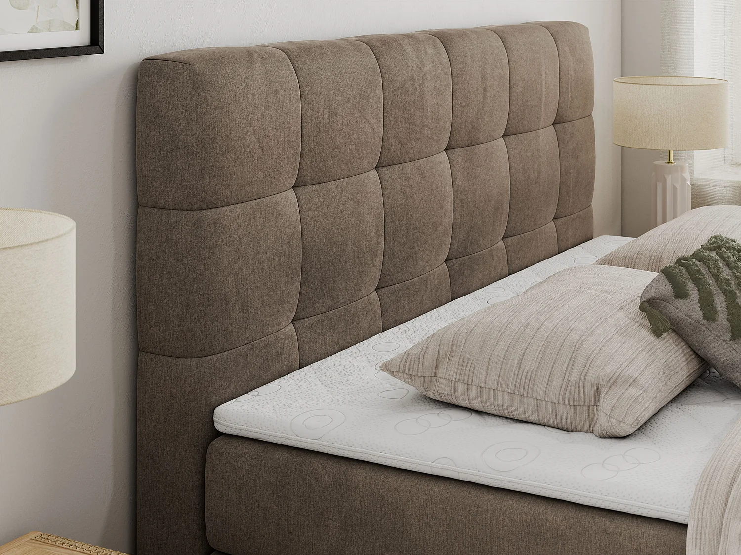Boxspringbett LUKA KING, mit gestepptem Kopfteil, zwei Bettkästen, Multipocket-Matratze und Topper - 180x200 cm - H4 - Braun Velvet