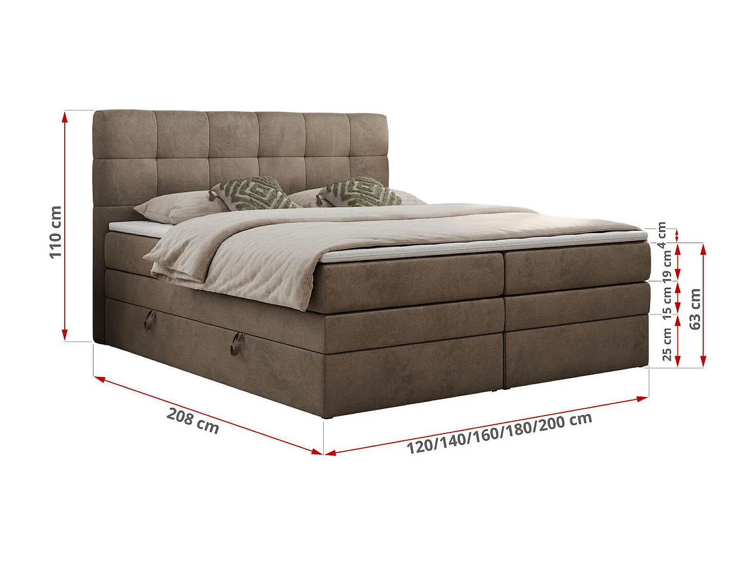 Boxspringbett LUKA KING, mit gestepptem Kopfteil, zwei Bettkästen, Multipocket-Matratze und Topper - 180x200 cm - H4 - Braun Velvet