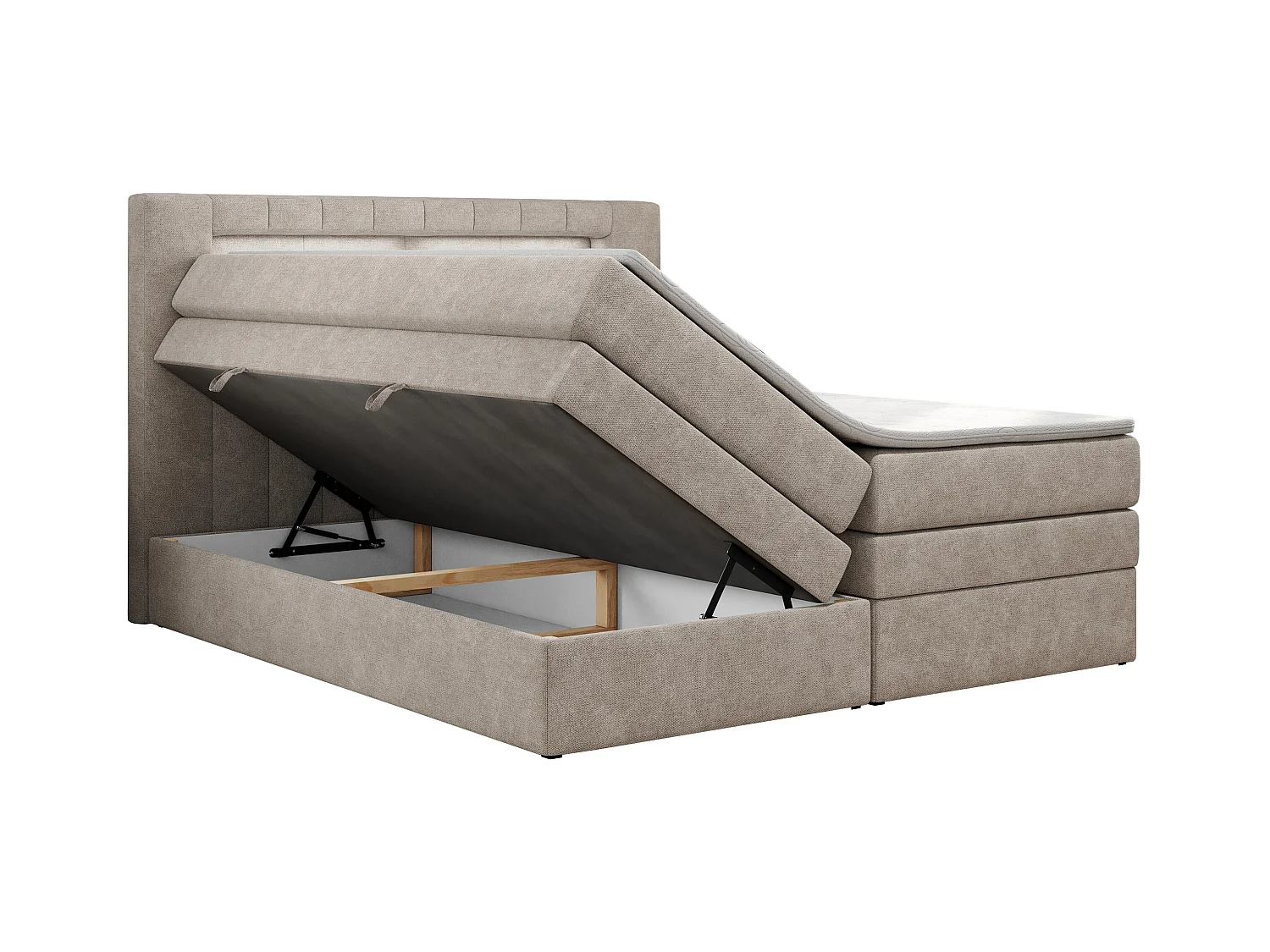 Boxspringbett GOLD 5 KING mit Stauraum, zwei Bettkästen, LED-Beleuchtung, Multipocket-Matratze - 120x200 cm - H4 - Beige Strukture