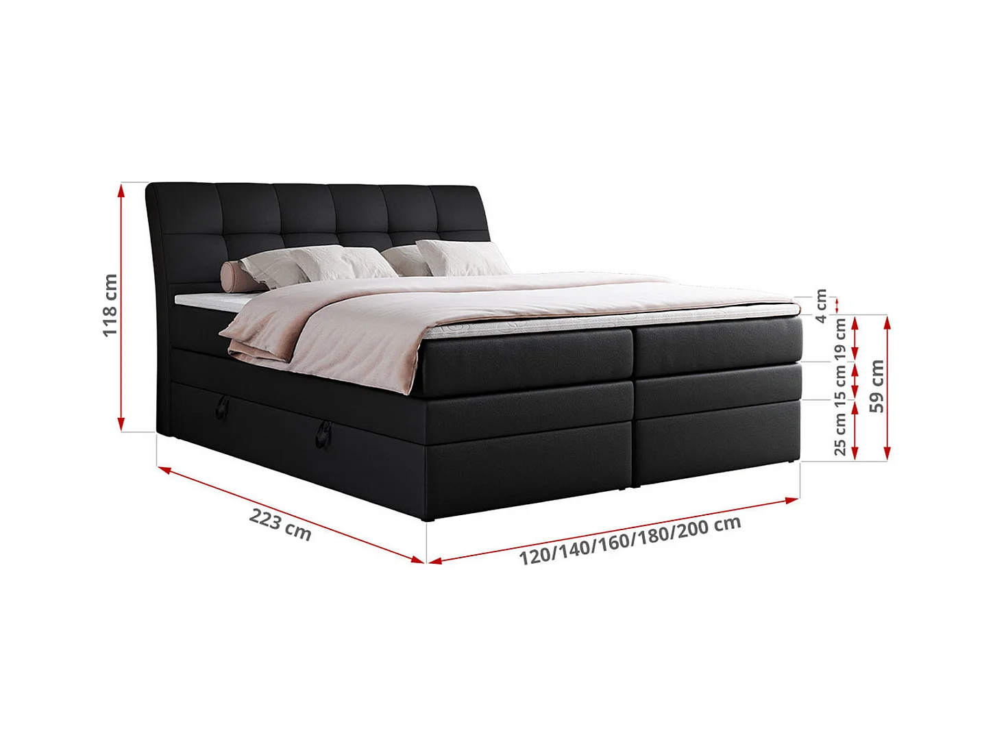 Boxspringbett GOLD 10 KING mit genähtes Kopfteil und Stauraum, zwei Multipocket-Matratze - 180x200 cm - H3 - Schwarz Kunstleder