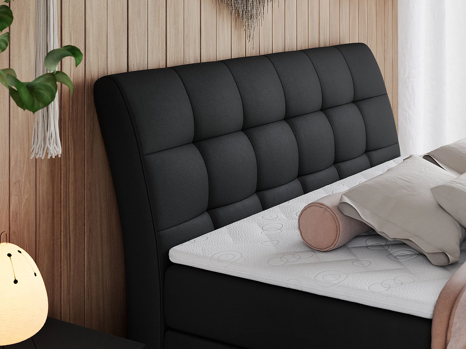 Boxspringbett GOLD 10 KING mit genähtes Kopfteil und Stauraum, zwei Multipocket-Matratze - 180x200 cm - H3 - Schwarz Kunstleder