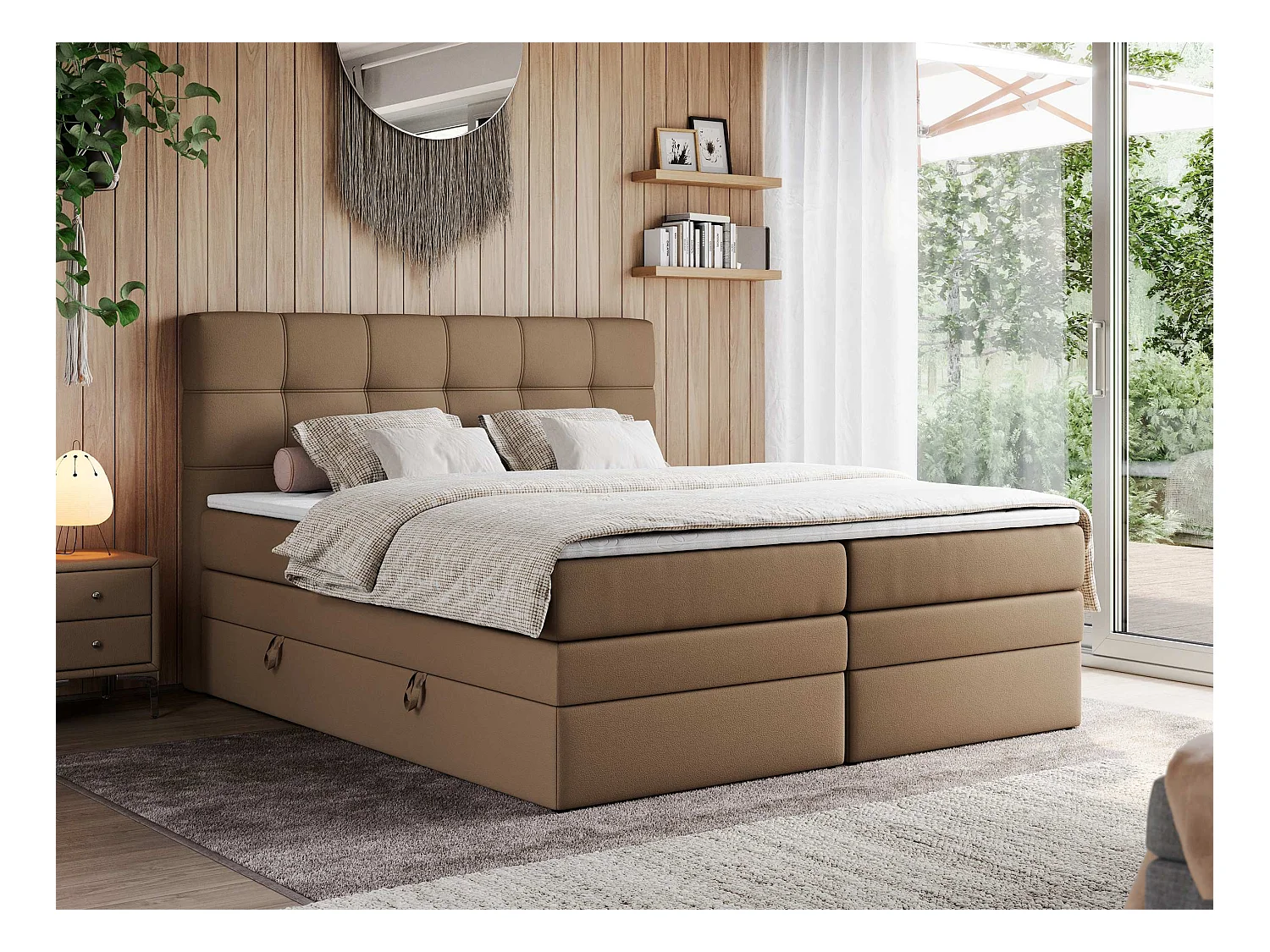 Boxspringbett ERNI KING, gestepptes Kopfteil, zwei Multipocket-Matratze und Topper, mit Stauraum - 140x200 cm - H4 - Braun Kunstleder