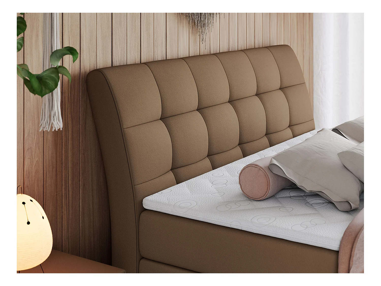 Boxspringbett GOLD 10 KING mit genähtes Kopfteil und Stauraum, zwei Multipocket-Matratze - 200x200 cm - H3 - Braun Kunstleder