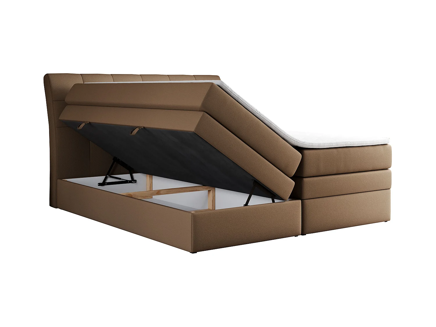 Boxspringbett GOLD 10 KING mit genähtes Kopfteil und Stauraum, zwei Multipocket-Matratze - 200x200 cm - H3 - Braun Kunstleder