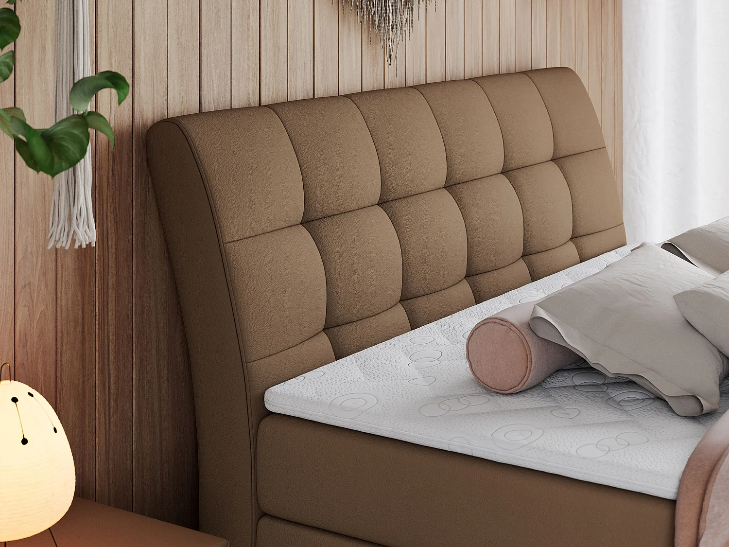 Boxspringbett GOLD 10 KING mit genähtes Kopfteil und Stauraum, zwei Multipocket-Matratze - 200x200 cm - H3 - Braun Kunstleder