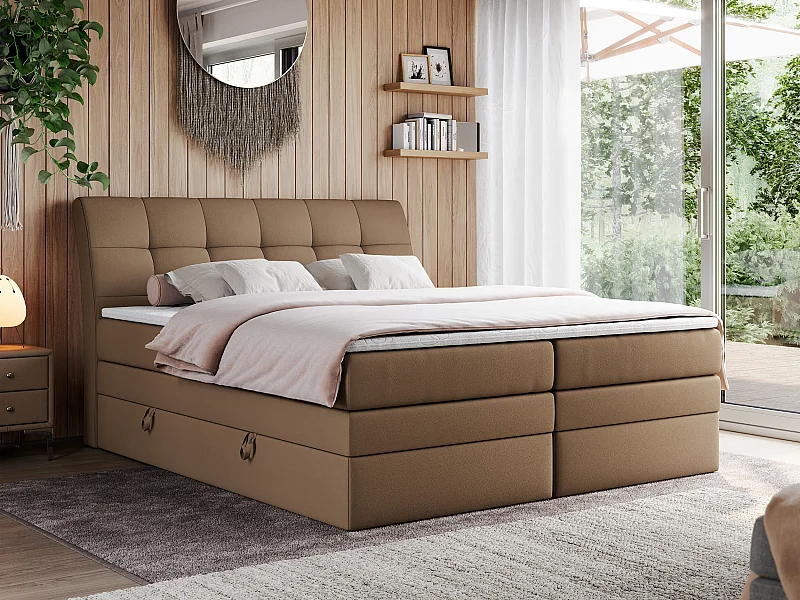 Boxspringbett GOLD 10 KING mit genähtes Kopfteil und Stauraum, zwei Multipocket-Matratze - 200x200 cm - H3 - Braun Kunstleder
