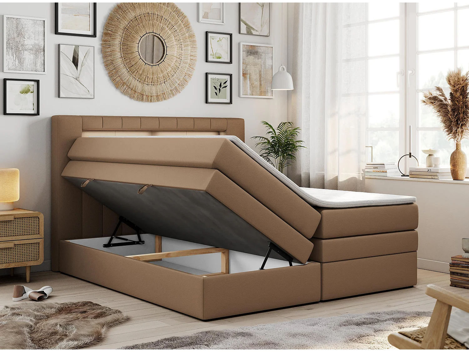 Boxspringbett GOLD 5 KING mit Stauraum, zwei Bettkästen, LED-Beleuchtung, Multipocket-Matratze - 140x200 cm - H4 - Braun Kunstleder