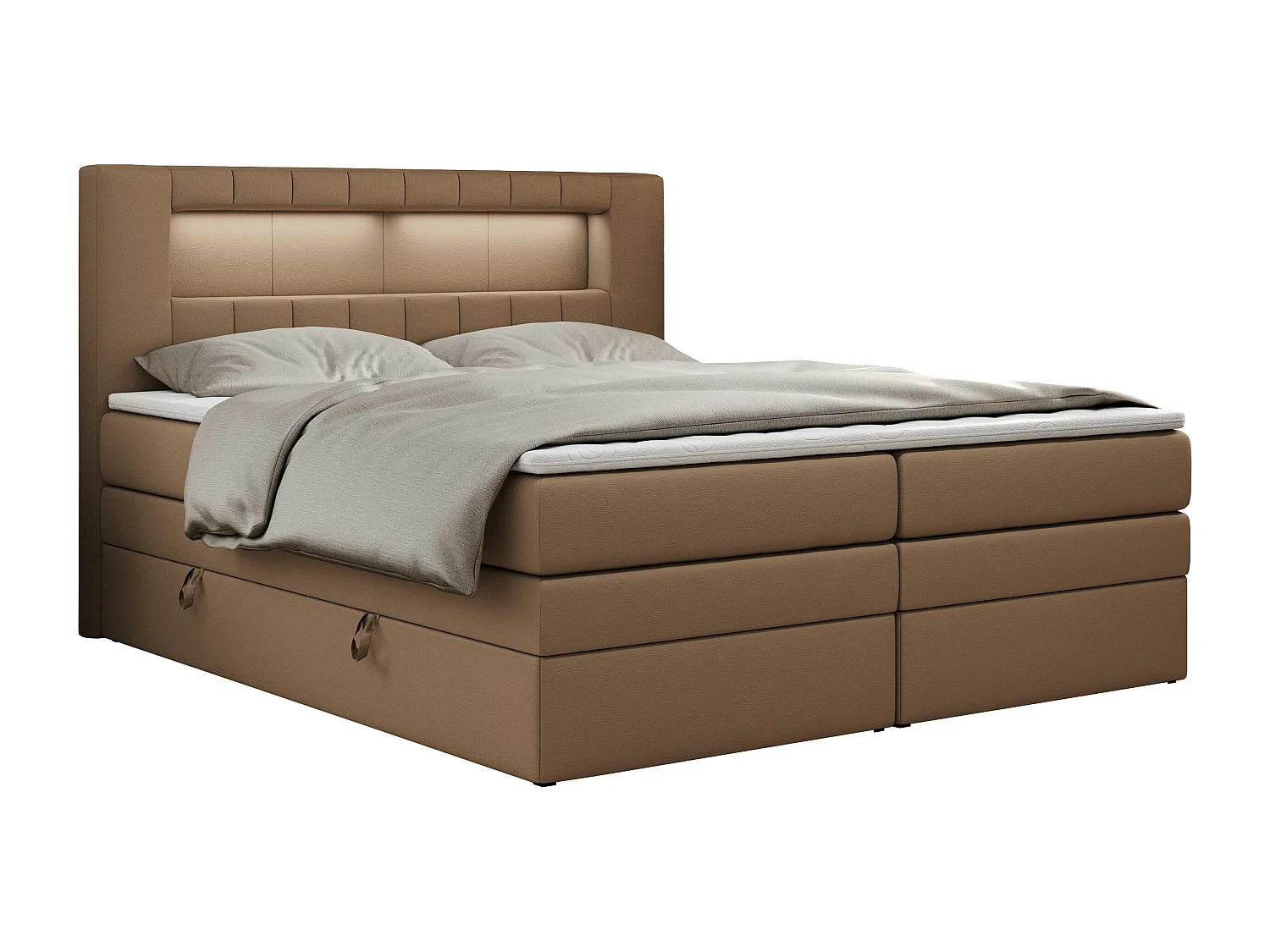 Boxspringbett GOLD 5 KING mit Stauraum, zwei Bettkästen, LED-Beleuchtung, Multipocket-Matratze - 140x200 cm - H4 - Braun Kunstleder