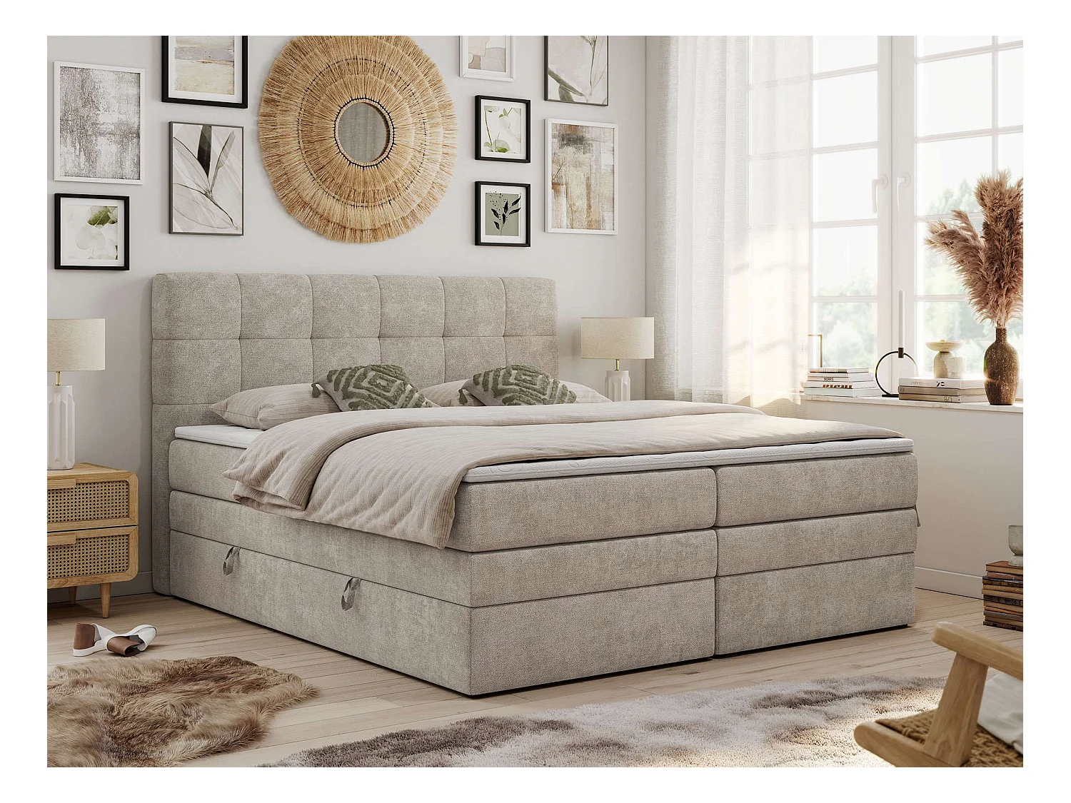 Boxspringbett LUKA KING, mit gestepptem Kopfteil, zwei Bettkästen, Multipocket-Matratze und Topper - 120x200 cm - H3 - Beige Strukture