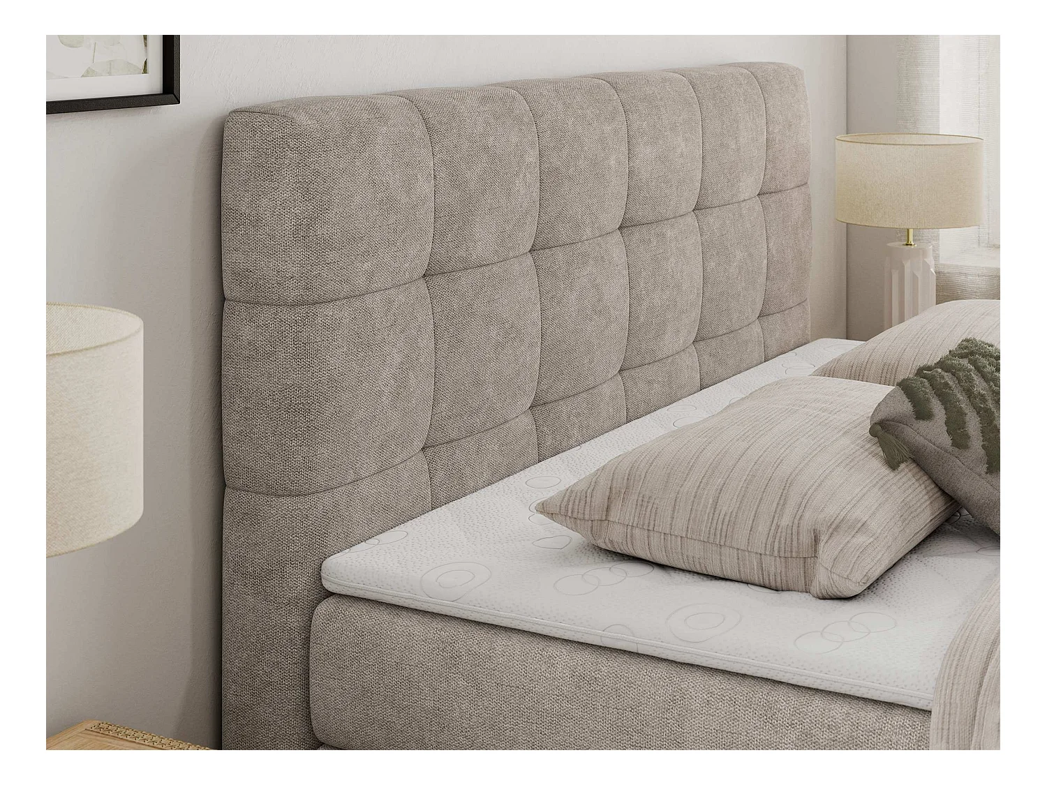 Boxspringbett LUKA KING, mit gestepptem Kopfteil, zwei Bettkästen, Multipocket-Matratze und Topper - 120x200 cm - H3 - Beige Strukture
